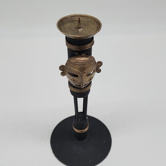 Handcrafted African Tribal Mask Inspired Metal Candle Holder Brass Metal 9" - Picture 2 of 8